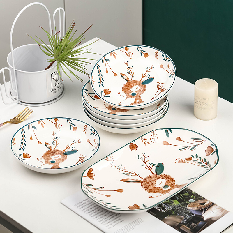 6个盘子 1鱼盘菜盘家用陶瓷新款一路有您餐盘简约汤盘组合深盘碟