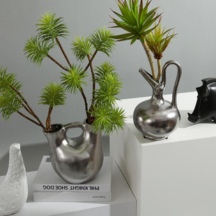 高档电镀银陶瓷花瓶大肚子创意风花插摆件家居样板间软装饰品