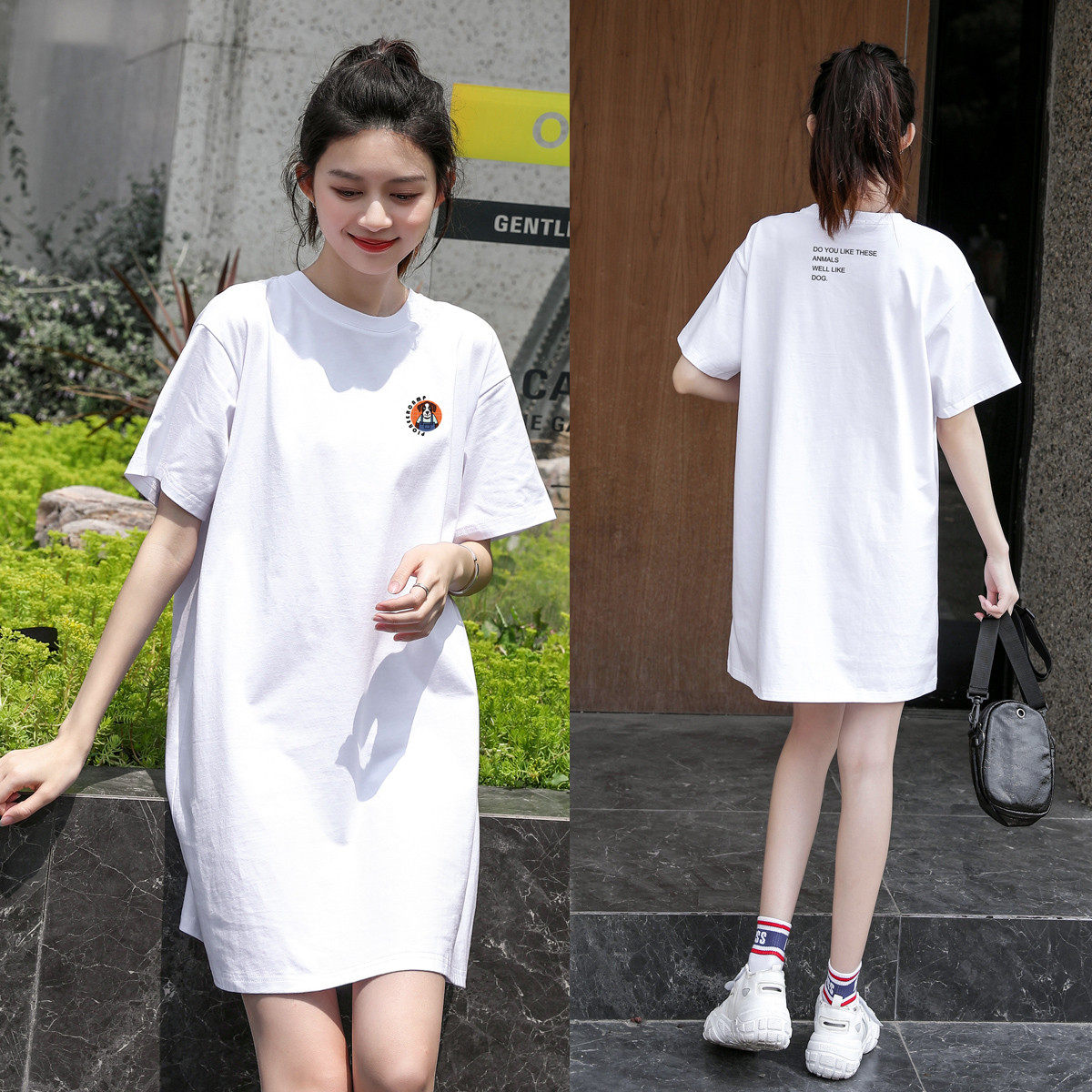 夏季小个子显瘦连衣裙女新款短袖运动直筒卫衣裙原宿风纯棉t恤裙