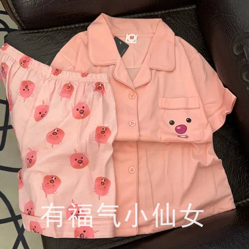 C卡通可爱海狸睡衣女夏季新款ins风韩版短袖短裤高颜值家居服套装