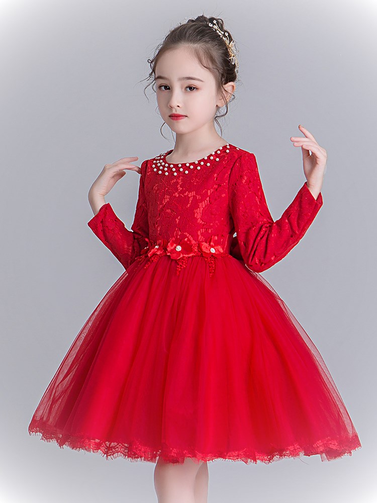 女童公主裙春秋装洋气儿童连衣裙长袖小女孩蓬蓬纱演出服白纱裙子-mc