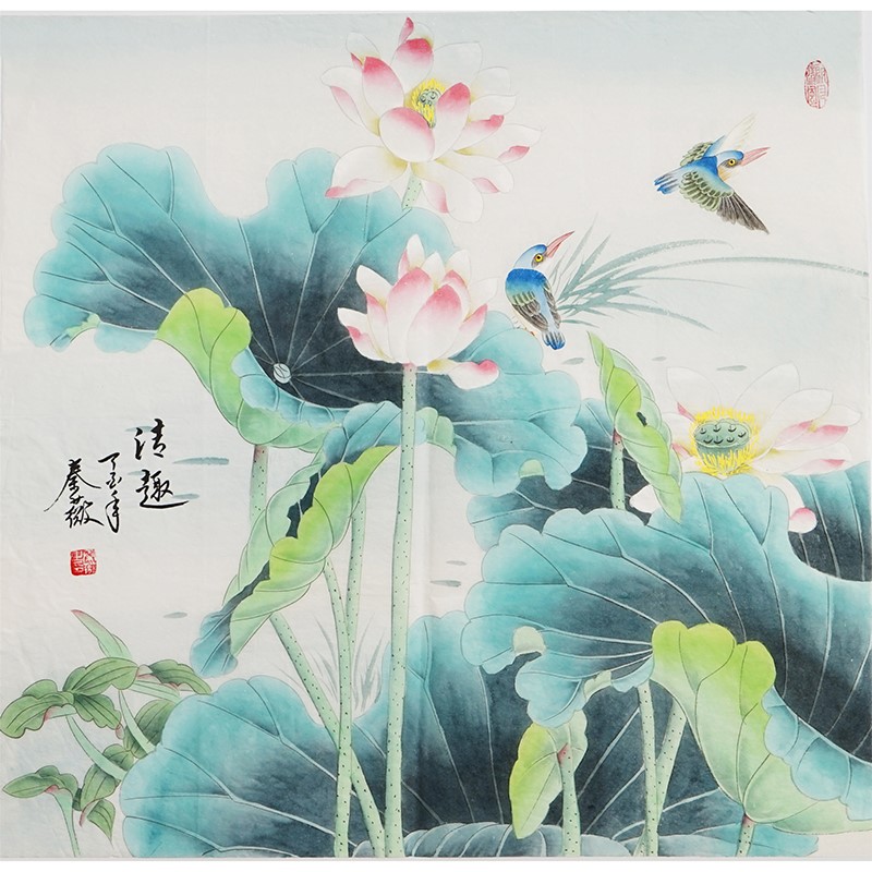 荷花国画纯手绘工笔画花鸟画四尺斗方客厅挂画香远图秦薇01145