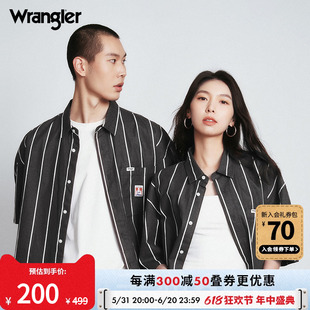 Wrangler威格夏季新梦险工装深灰色条纹无性别男女短袖衬衫外套