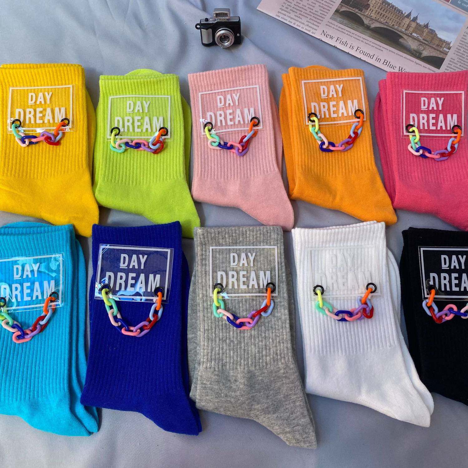 2021春夏新款糖果色链条中筒袜韩版时尚运动棉袜网红款时尚潮袜