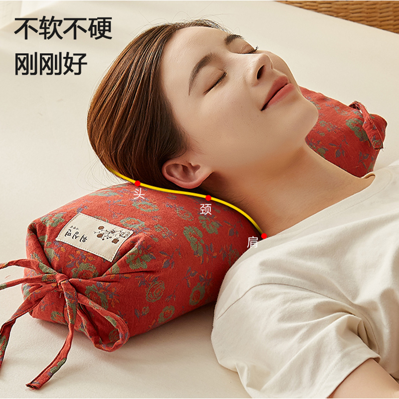 颈椎枕荞麦圆枕头护颈椎助睡眠全棉双层纱枕芯圆柱糖果枕睡觉专用
