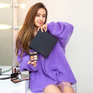 蔡依林沈梦辰同款衣服紫色秋冬风流苏毛衣女宽松外穿开衫通勤v领