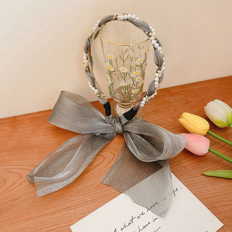 夏季珍珠蝴蝶结发箍飘带发带女绑发发卡夏天丝巾编发丝带头饰—发饰