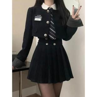 短款西装外套jk制服美式学院风套装女春秋款高腰显瘦百褶裙三件套