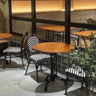 美式复古实木咖啡桌酒吧简餐西餐厅圆桌小方桌奶甜品店桌椅组合