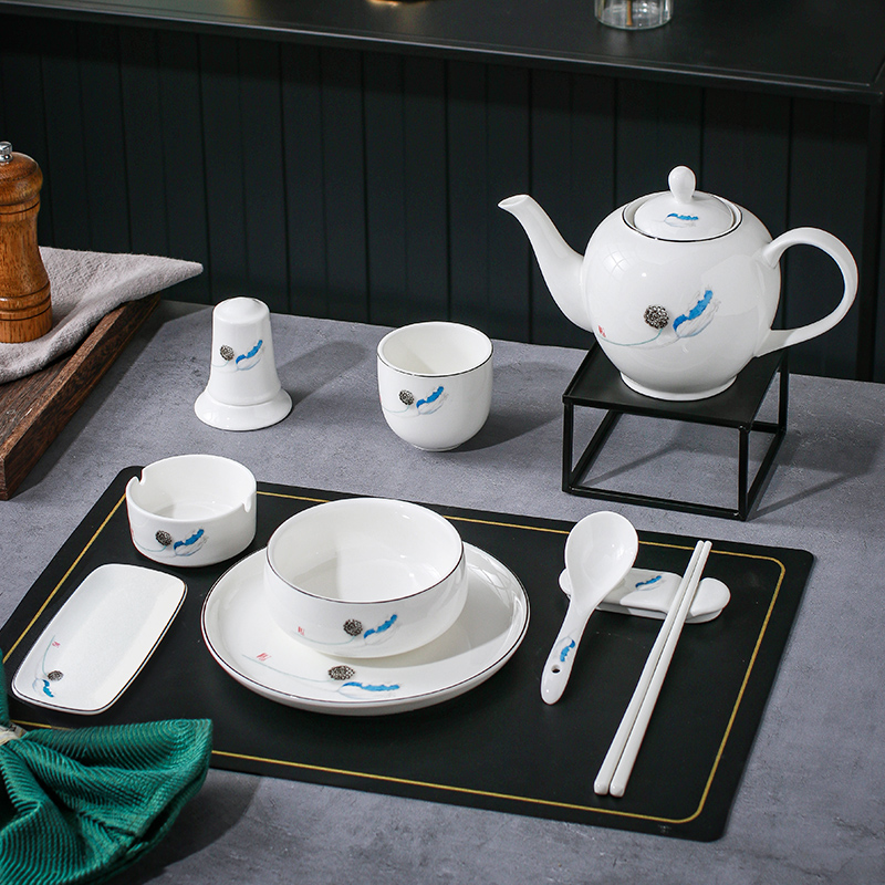 新中式摆台餐具陶瓷碗碟盘勺logo定制印字酒店会所高档四件套套装