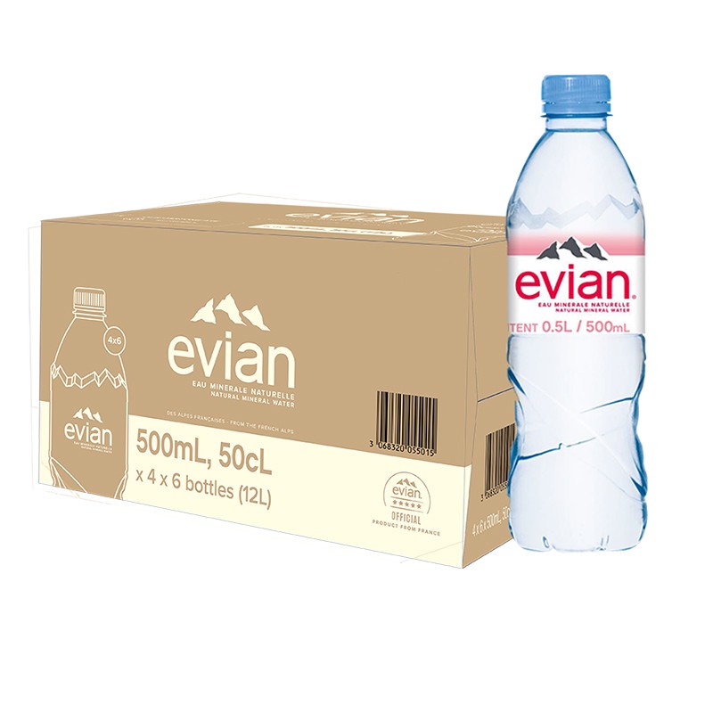 法国进口Evian依云高端矿泉水天然弱碱性饮用水源500ml*24瓶整箱