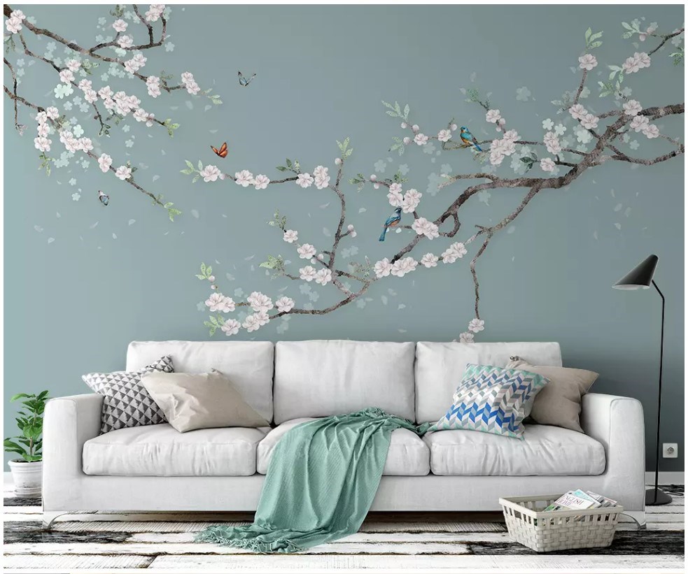 卧室床头壁f画喜上眉梢电视背景墙布梅花新中式沙发墙壁纸