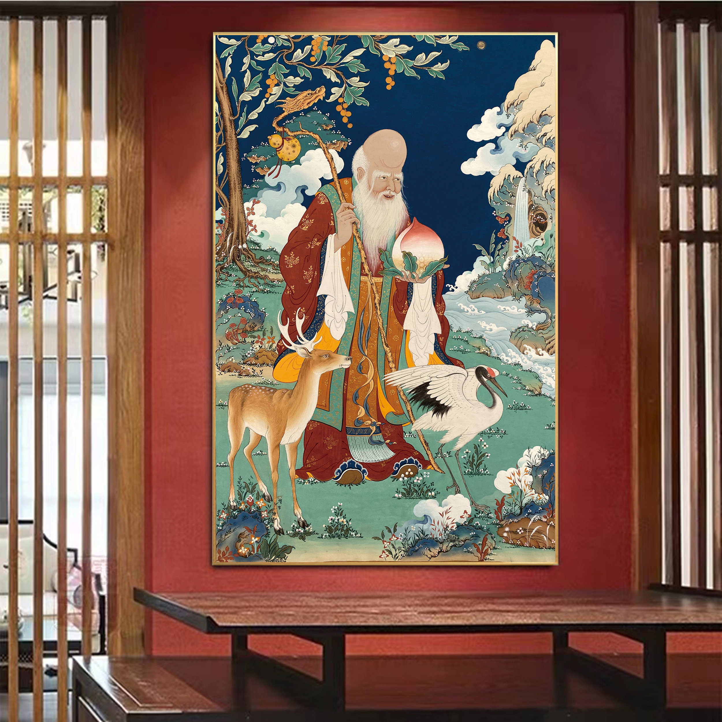 藏式和谐四瑞挂画客厅吉祥八宝壁画六长寿老人唐卡十相自在装饰画