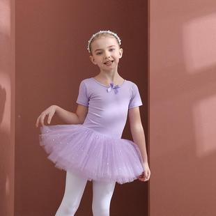 儿童舞蹈服短袖女童练功服夏季棉紫色考级连体芭蕾舞裙韩版新款定