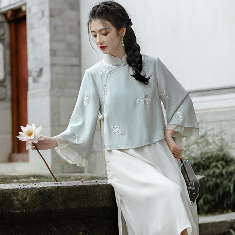 气质民国风淑女新中式刺绣改良汉服唐装半身裙中国风禅茶服套装女