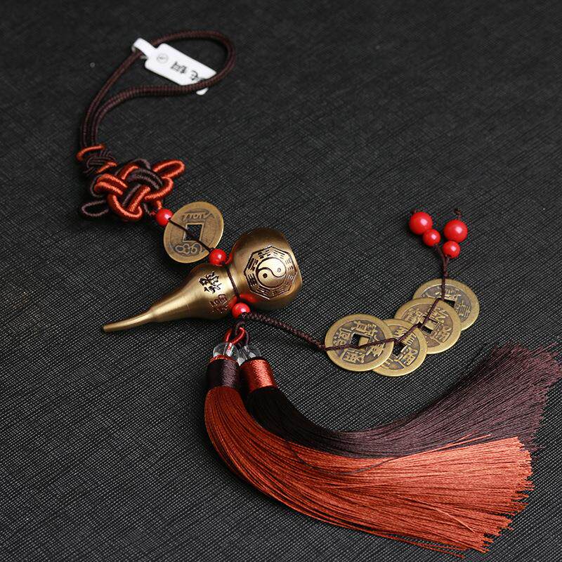 八卦铜葫芦五帝钱车挂件福禄安康刻字中国结双色流苏风水汽车内饰