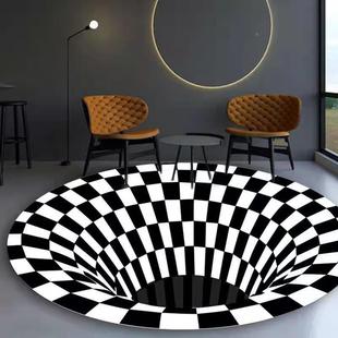 3D立体黑白方格眩晕地毯客厅沙发茶几垫错觉网红创意圆形地垫定制