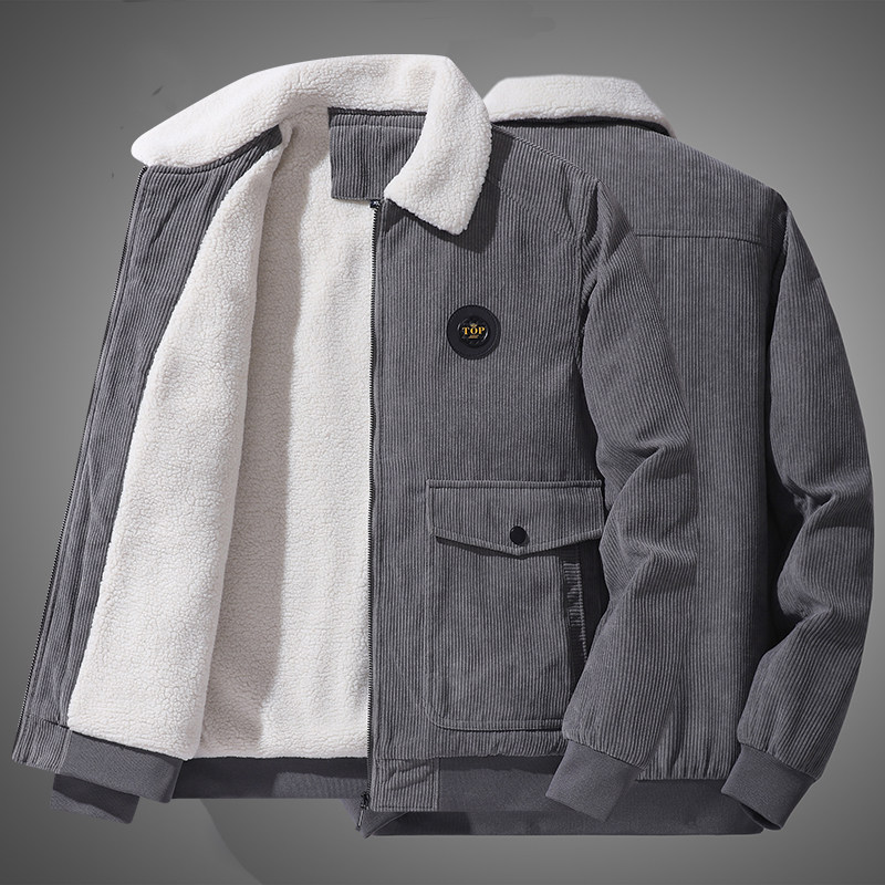 灯芯绒羊羔毛夹克外套男加绒加厚翻领棉衣男