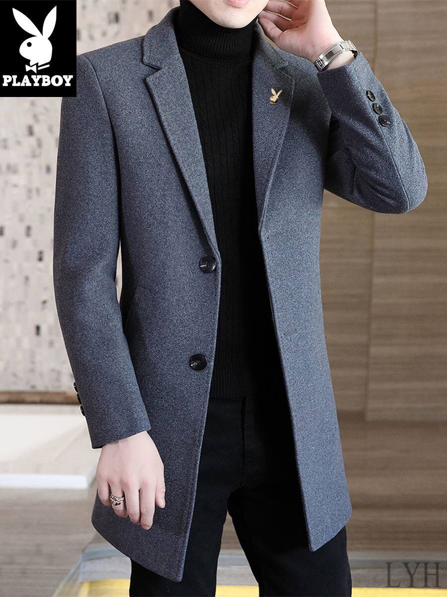 花花公子男士羊毛呢子大衣男冬季加厚中长款休闲外套韩版修身风1