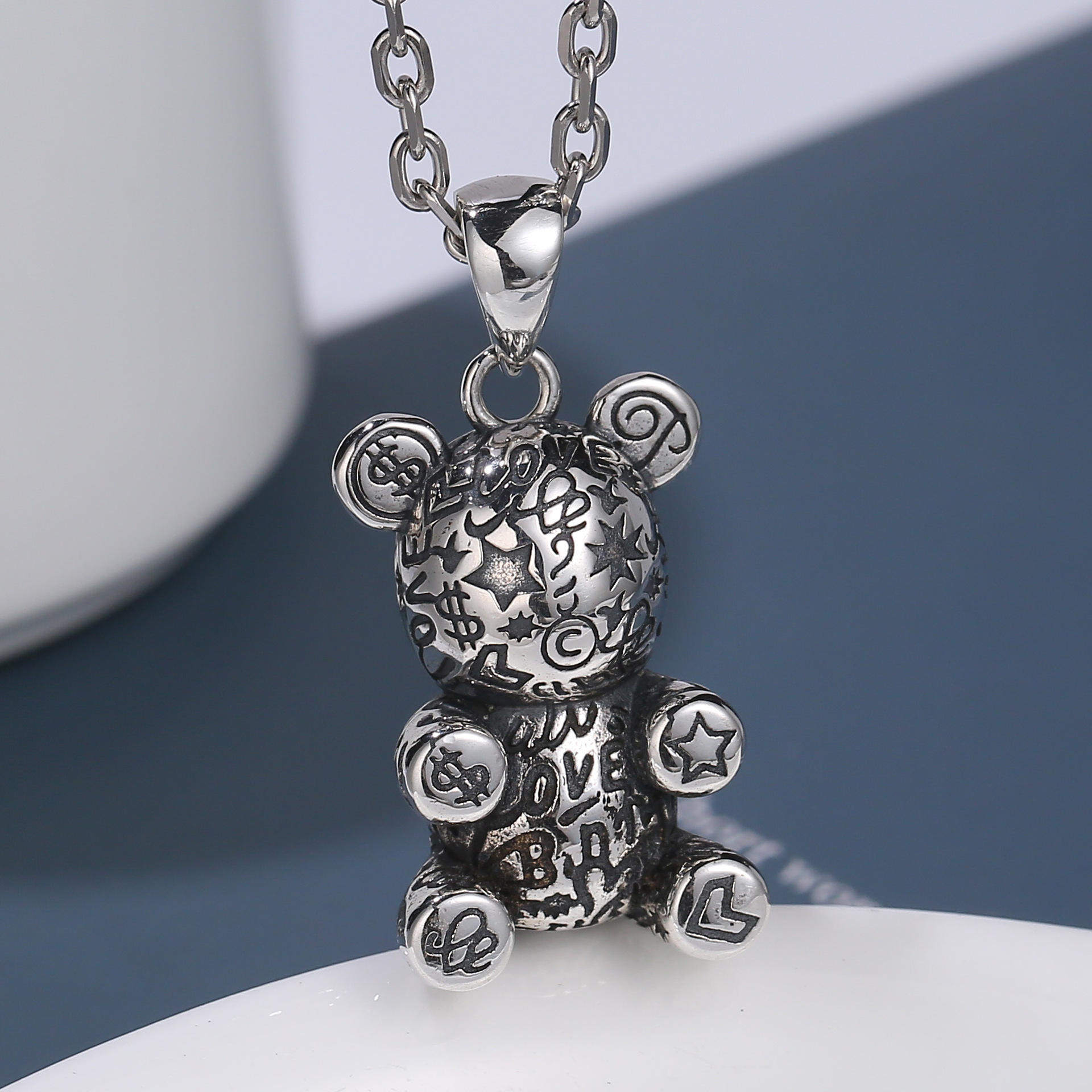 新款涂鸦可爱小熊项坠s925纯银熊吊坠潮流轻奢潮牌ins风网红配饰