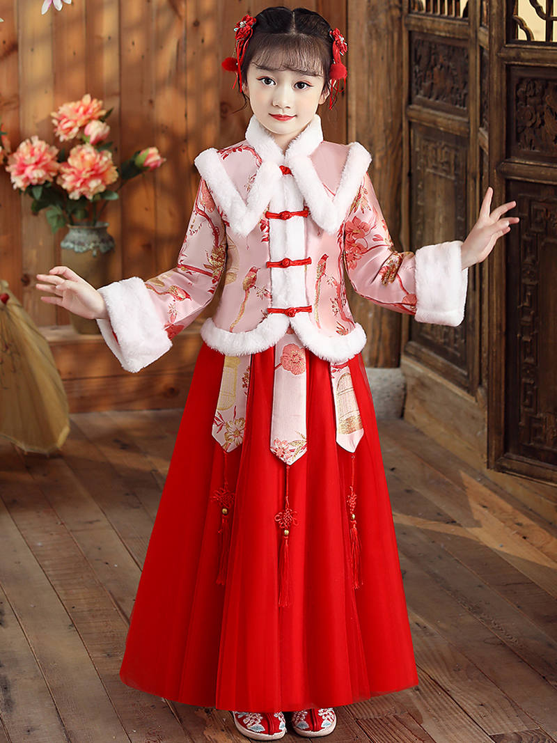 香港女童汉服冬装2021新款中国风古装加绒加厚新年衣服女孩拜年服