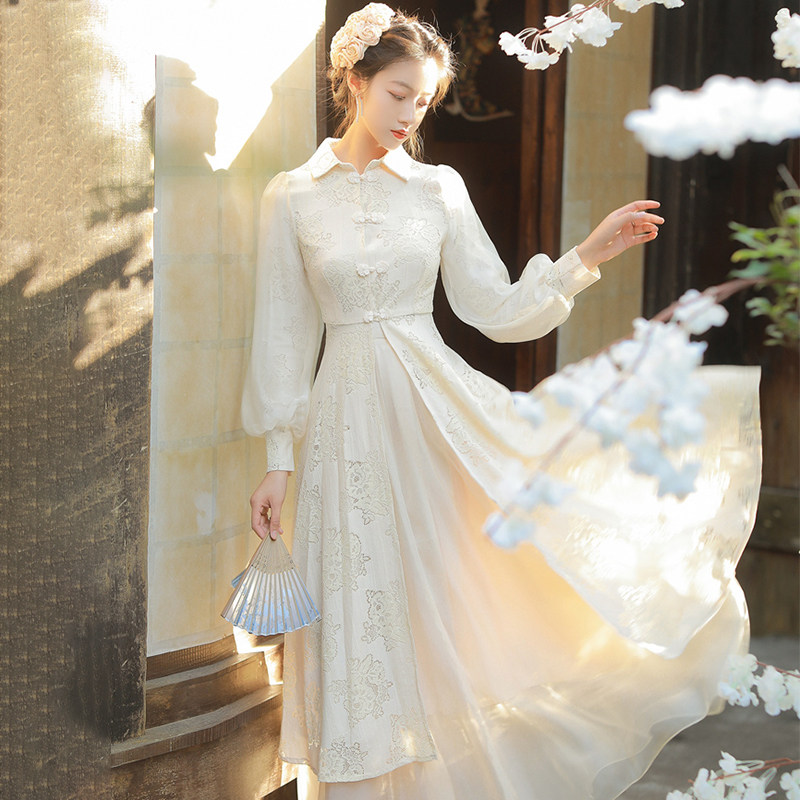 复古盘扣改良民国风旗袍连衣裙女仙气半身裙套装两件套显瘦礼服裙