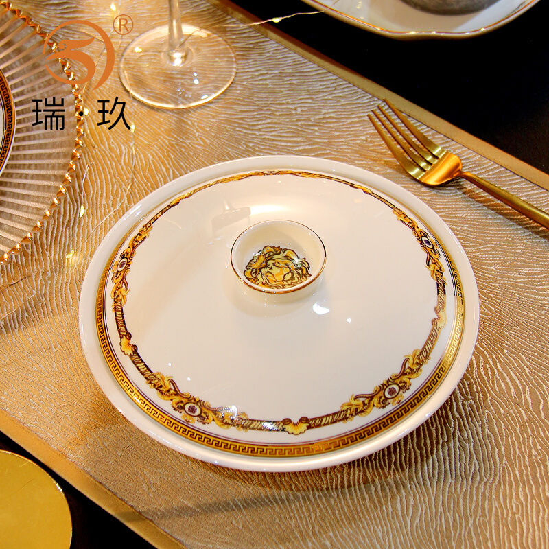 瑞玖欧式家用带盖盘子有盖深盘金边餐具盖盘陶瓷和合器微波炉菜盘