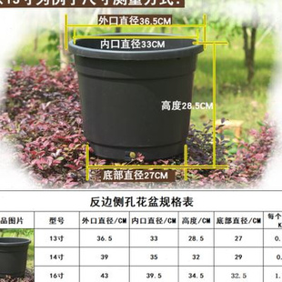 圆形黑色反边侧孔直桶高加仑塑料花盆大中小号种树绣球绿植送托盘