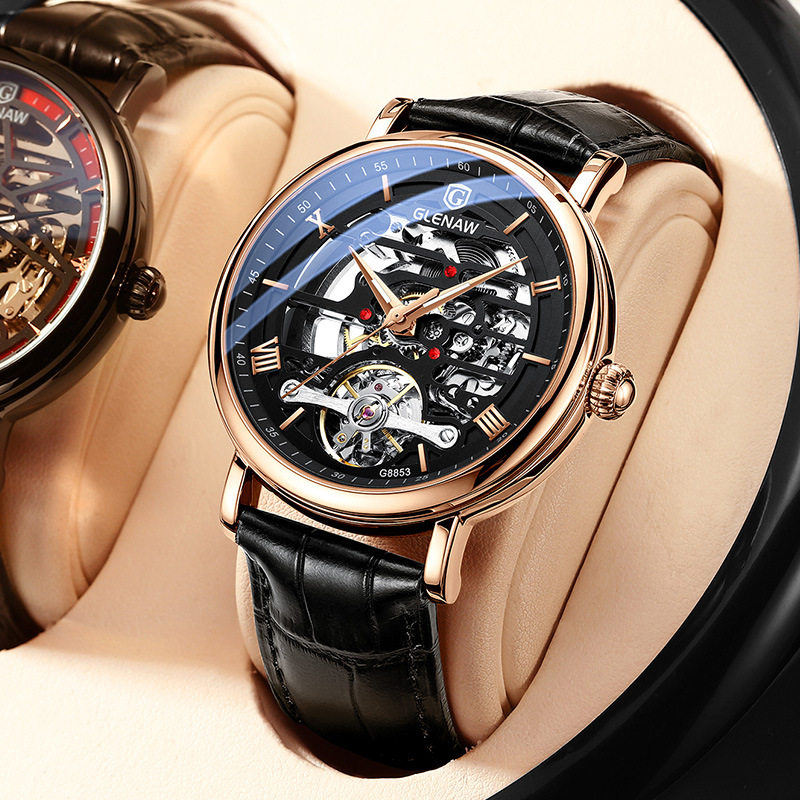 格伦皮带防水机械表时尚全自动镂空机械男士手表直供男表