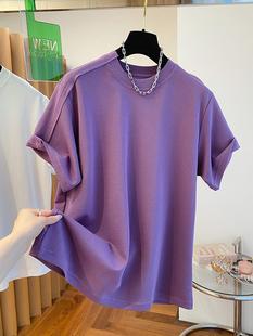 韩国高端紫色短袖t恤女2024新款爆款夏季圆领纯棉体恤打底衫上衣