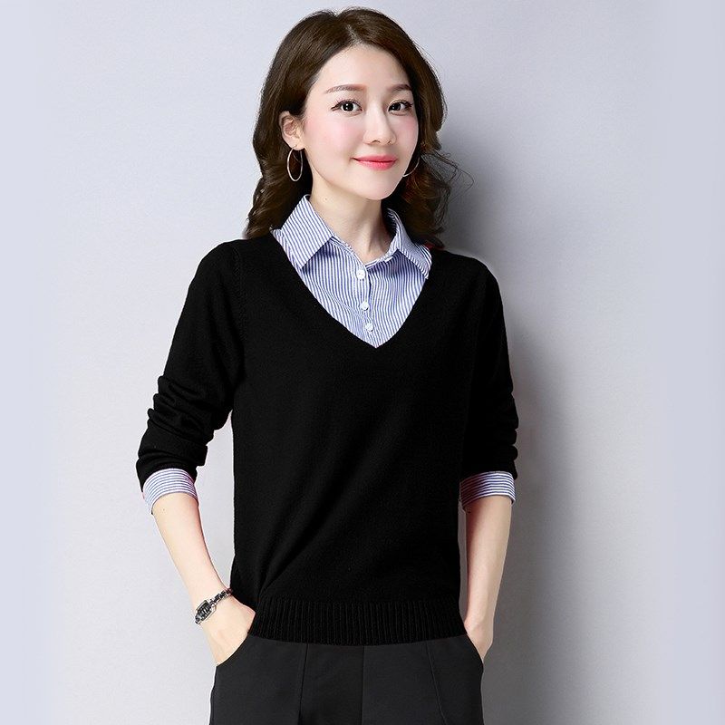 春秋女士衬衣领假两件针织衫薄款套头长袖带领打底衫毛衣外穿上衣