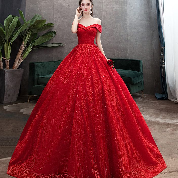 新娘女结婚新款2021春季红色主婚纱礼服显瘦星空一字肩长拖尾森系