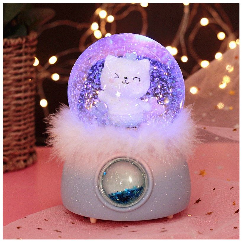 女友送猫咪羽毛生日可爱圣诞盒儿童礼物女孩飘雪水晶球音乐八音盒