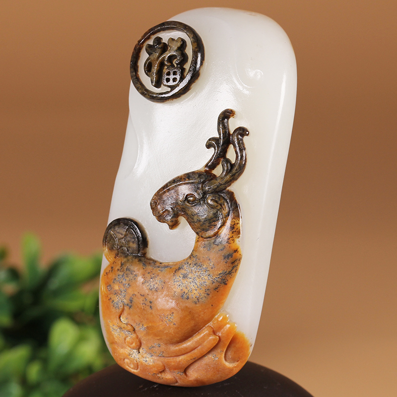 俏色巧雕 和田玉白玉 福禄寿挂件 81克