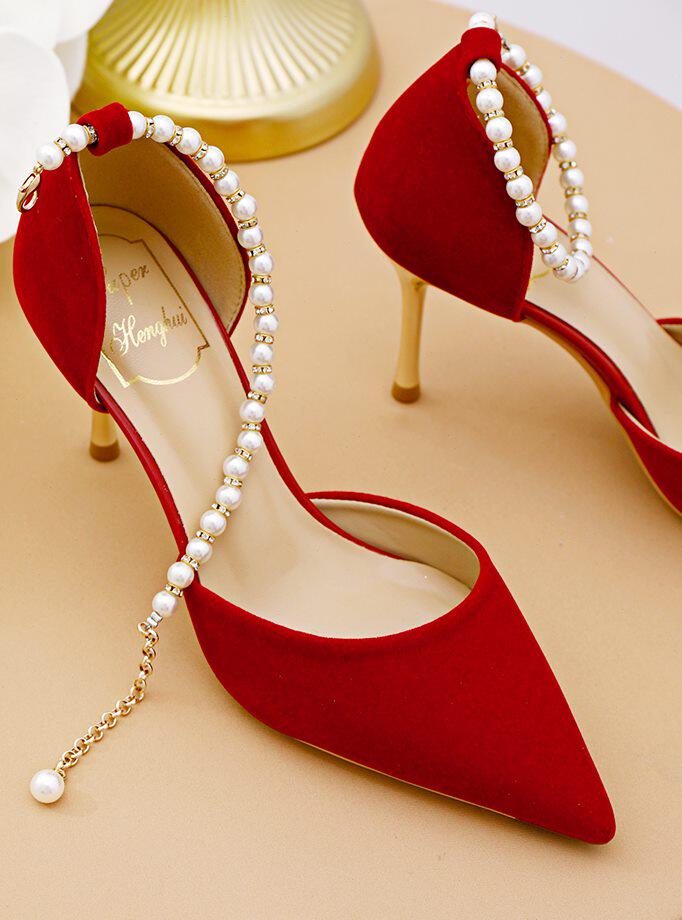 婚鞋新娘鞋珍珠一字扣单鞋女新款中空仙女风红色高跟鞋女细跟2021
