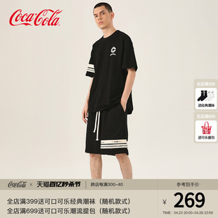 Coca-Cola/可口可乐 套装男夏季条纹短袖T恤运动五分短裤两件套