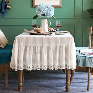 防水白色餐桌布蕾丝布艺法式复古ins风圆桌布用长方形茶几布绣花