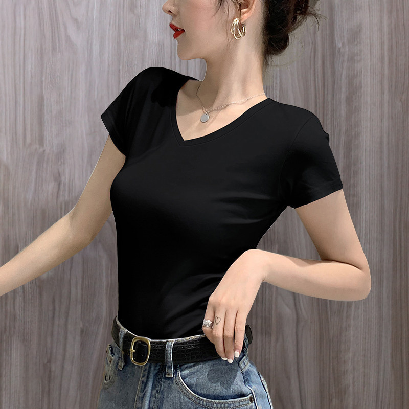 纯棉修身v领百搭女短袖t恤