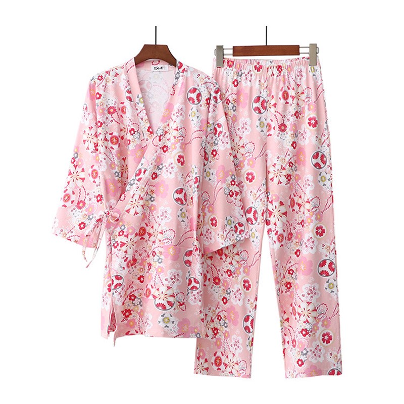 日本睡衣女士春夏季短袖纯棉日式和服睡衣休闲印花汗蒸家居服
