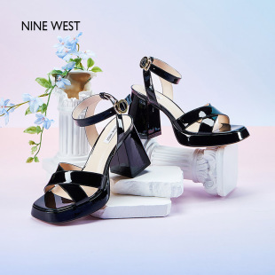 Nine West/玖熙梦露漆皮方头粗跟凉鞋2024夏新款露趾防水台高跟鞋