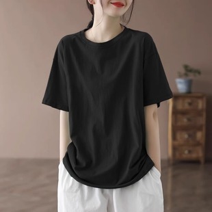 黑色短袖T恤女夏季新款纯色百搭高端大牌纯棉体恤圆领宽松上衣