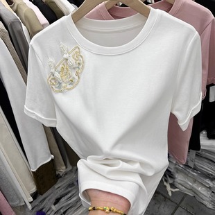 白色纯棉新中式短袖t恤女2024新款夏季民族风刺绣盘扣中国风上衣
