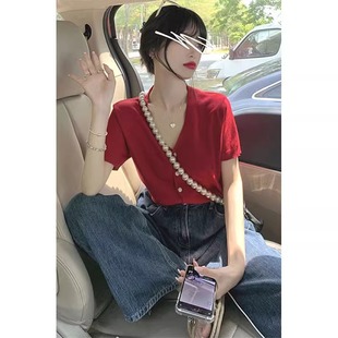红色v领冰丝针织短袖开衫t恤女夏季小香风设计感独特别致绝美上衣