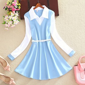 秋季新款长袖打底假两件衬衫裙修身大摆公主裙中长款连衣裙美裙子