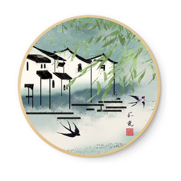 水墨画忆江南水乡新中式国画酒店民宿挂画餐厅圆形壁画茶室装饰画