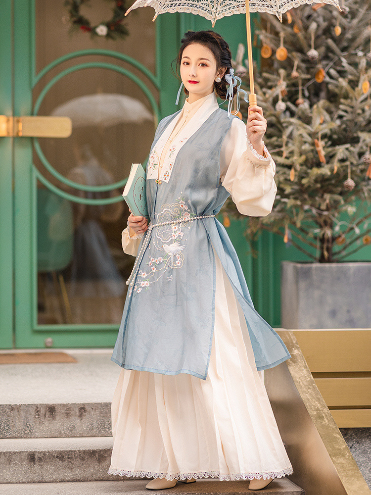 花神记清音原创汉服女日常汉洋折中明制长比甲齐腰褶裙仙女裙春夏