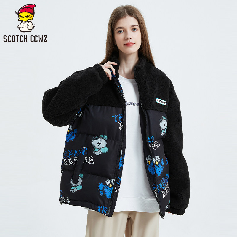 scotch ccwz复古ins潮流满印小熊刺绣拼接宽松潮牌加绒加厚夹克男