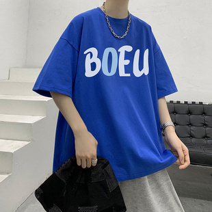 克莱因蓝字母印花短袖T恤男夏季韩版潮流百搭宽松休闲五分袖上衣