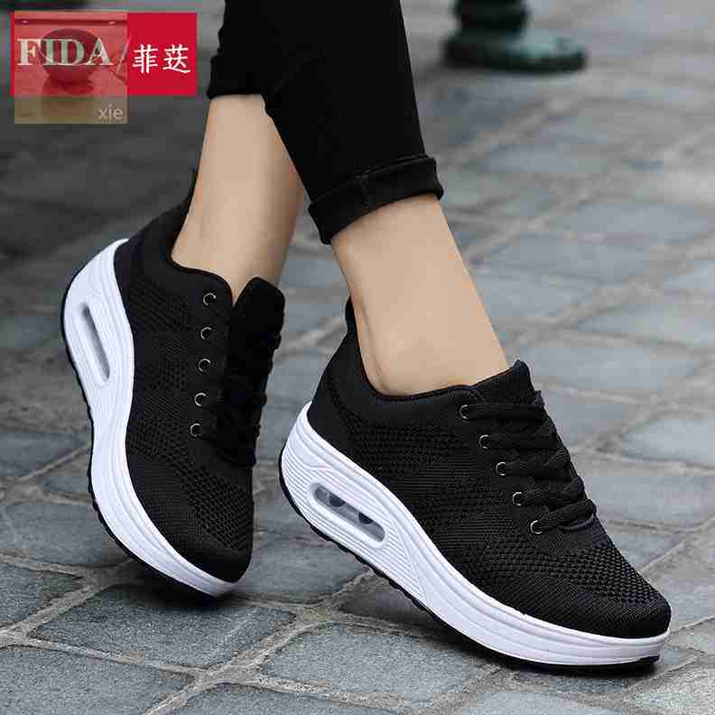 菲荙美式飞织网布女鞋菲达秋冬运动气垫鞋n55妈妈厚底休闲摇摇鞋