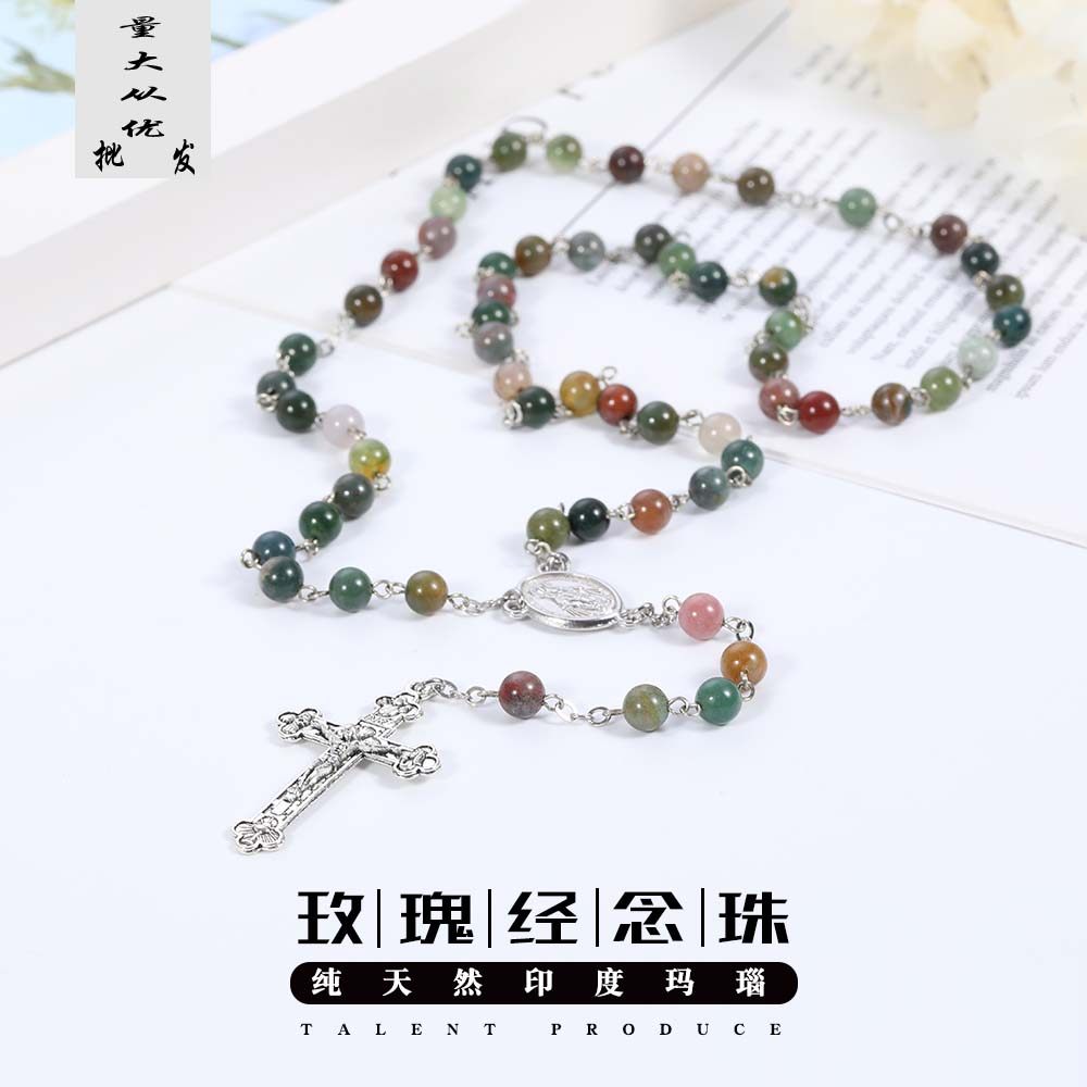 天主教玫瑰经念珠圣物玛瑙玫瑰经念珠圣母玛利亚十字架项链